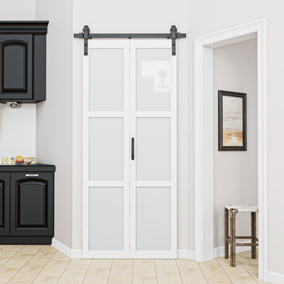 Porte de grange pliante à 3 vantaux en verre blanc dépoli, en bois massif fabriqué, préassemblée et peignable, 81 cm x 213 cm, avec quincaillerie et poignée (idéale pour petit placard, garde-manger, buanderie, salle de bain).