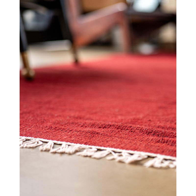 Tapis en laine tissés à la main et à plat Alithea - 3 pi x 5 pi, de couleur rouge foncé, motif uni uni, tapis faits à la main et à faible épaisseur