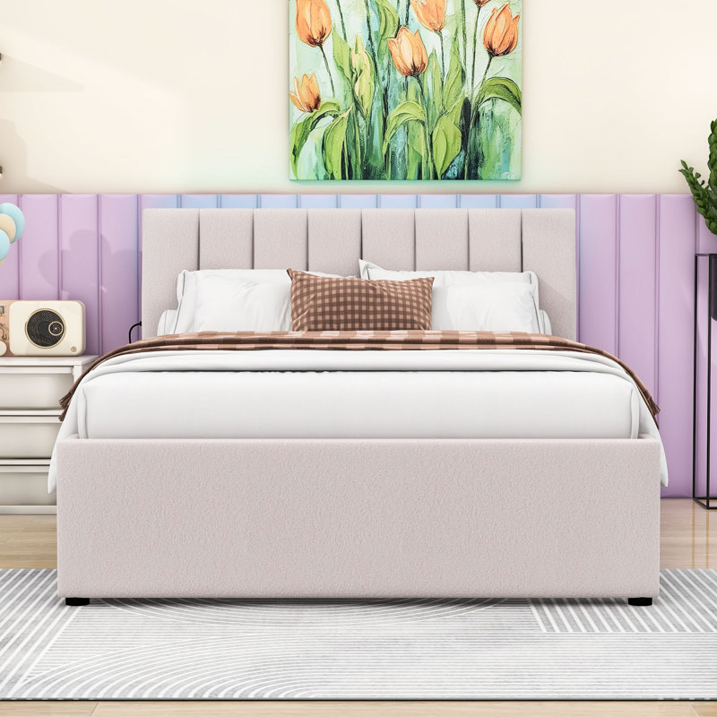 Lit plateforme double rembourré avec lit gigogne simple et lumières DEL Teddy, Beige