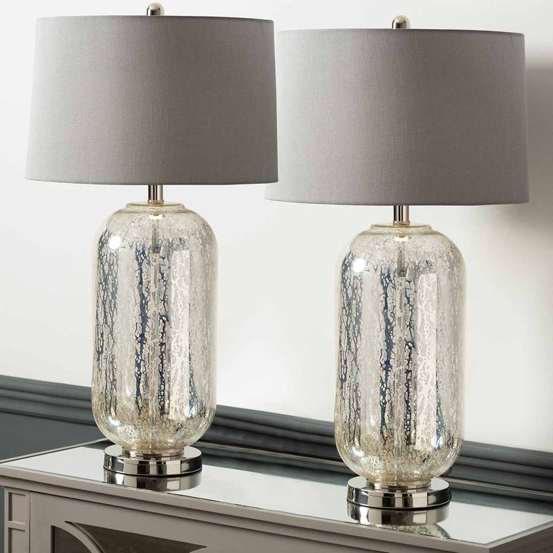 Crosthwait 77.5cm Table Lamp with Glass Base For Bedroom Furniture, Bedside Buffet Lamp with Silk Shade, Silver, Gray, Silver