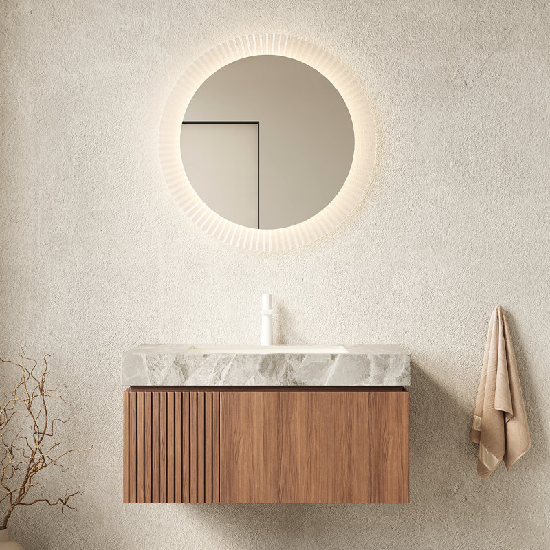 Meuble-lavabo flottant 36 po: - Pierre frittée de style, lavabo en céramique, rangement imperméable, tiroir et porte, agencement de couleurs chêne brun