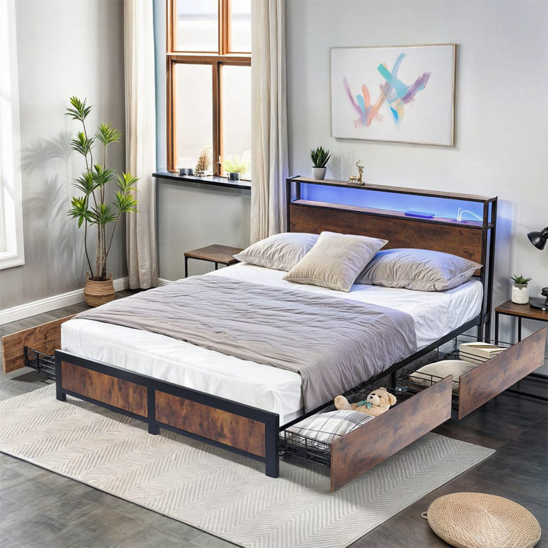 Industrial Metal Bed Frame With 4 Drawers And Led Light Head Board And Charging Ports, Double (4'6)
