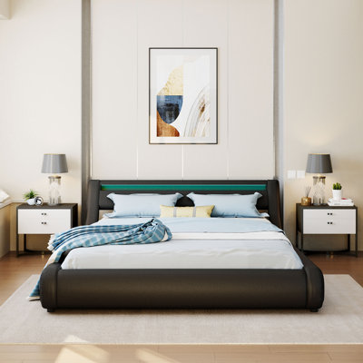 Upholstered Leather Platform Bed With A Hydraulic Storage System With LED Light Headboard Bed Frame With Slatted Queen Size -  Orren Ellis, 94F73173D5804B3ABC7D8687134ABC8D