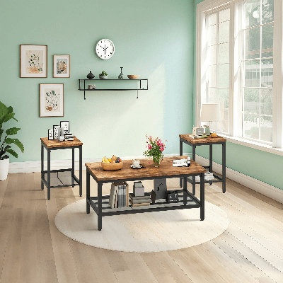 Modern Farmhouse Coffee Table Set Of 3, Rectangular Coffee Table With 2 Square End Side Tables, 2-Tier Living Room Table Set With Metal Frame & Open S