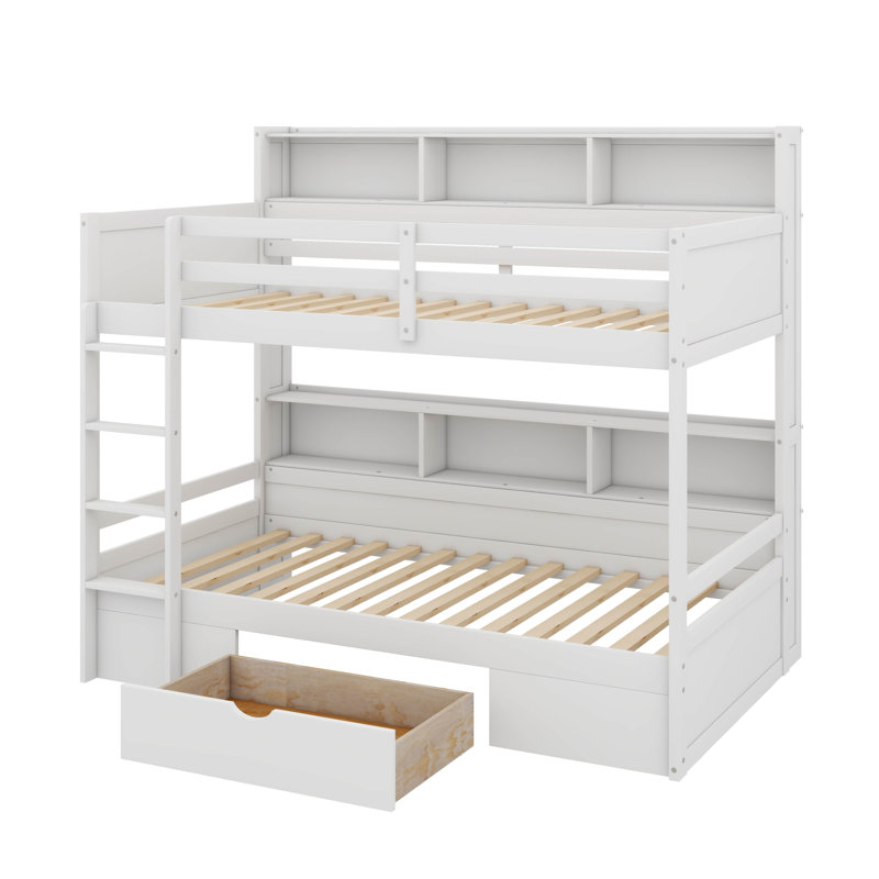 Twin Size Bunk Bed With Upper Lower Built In Shelves And Storage Drawer, White