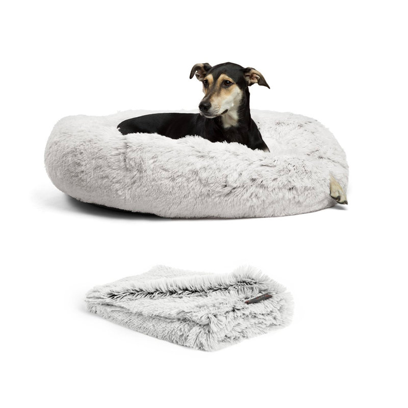 Large Gray Faux Fur Donut Pet Bed with Throw Blanket