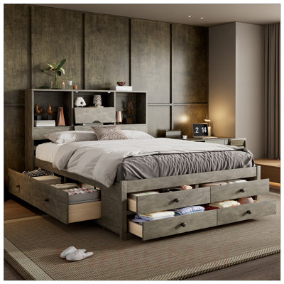 Grand lit plateforme avec tête de lit avec rangement et 8 tiroirs, pour les chambres spacieuses et organisées