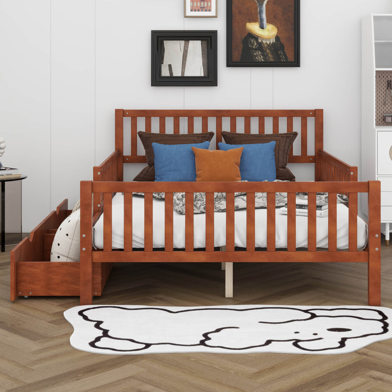 Lit plateforme double avec deux tiroirs de rangement et deux barrières de sécurité, cadre de lit en bois pour chambre à coucher, chambre d'enfant