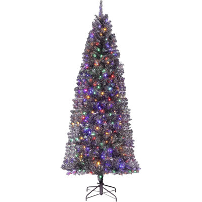 Prelit Pencil Christmas Tree, 6Ft Artificial Black Xmas Tree with 250 Dual Color LED Lights, Metal Stand & 638 Branch Tips