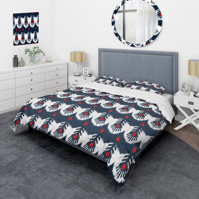 Ensemble de housse de couette en microfibre rouge / bleu / blanc Ikat Ogee, Housse de couette pour très grand lit et 2 très