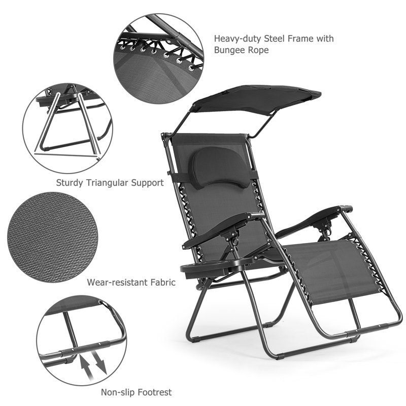 Black Steel Zero Gravity Recliner Chair with Canopy and Cup Holder