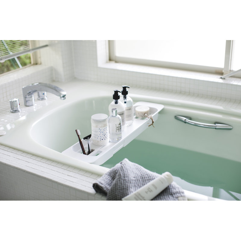 White Expandable Metal Bathtub Caddy with Storage