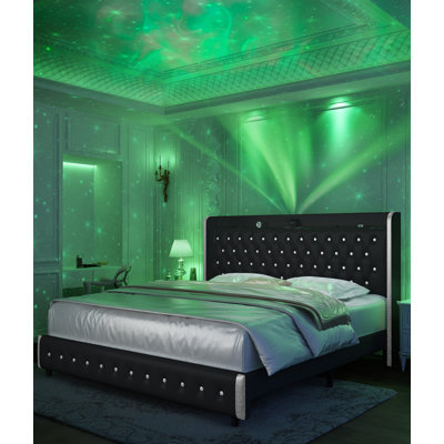 Modern Wingback Upholstered Platform Bed Frame With Galaxy Projector & USB Charging Port, LED Bed Frame With Adjustable Headboard, Easy Assembly, Heavy-Duty Steel Slat Support, No Box Spring Needed, Keyt