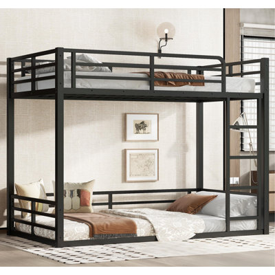 Metal Bunk Bed, Full over Full Floor Bunk Bed Frame,Heavy-Duty Bunk Bed for Kids, Teens, Adults, Noise-reduced Design, Black