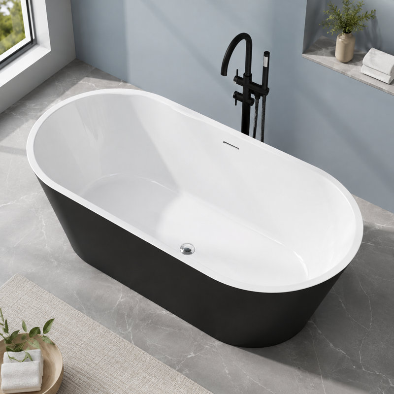 Baignoire autoportante ovale en acrylique de 150 cm (59 po), double dos, avec bonde centrale et trop-plein intégré, noir mat