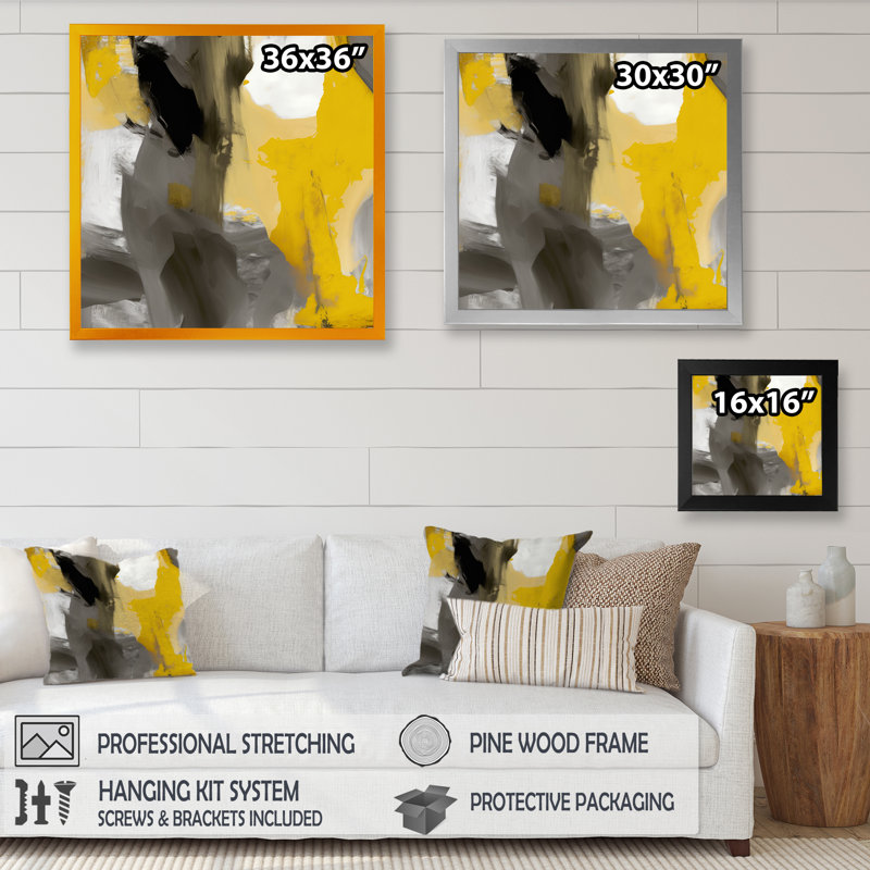 Jaune moutarde et gris vif II - reproduction sur toile, Impression noire sur toile encadrée, L 16 po x H 16 po