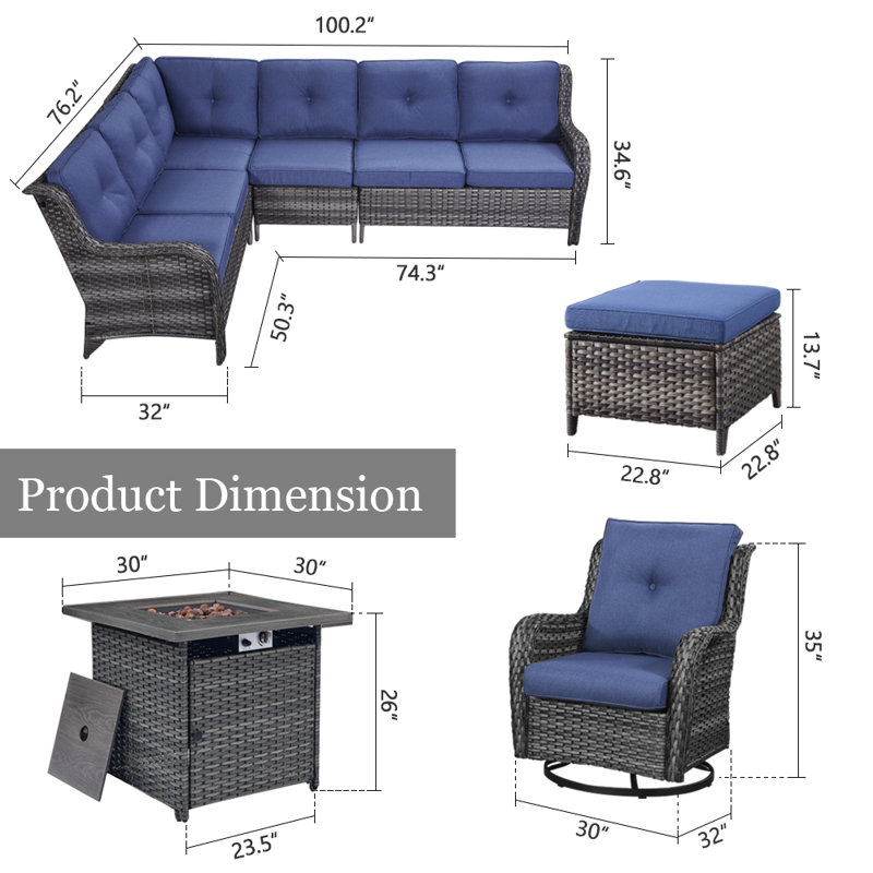 Bonia 10-Person Outdoor Sectional Seating Group with Cushions, Bleu, gris
