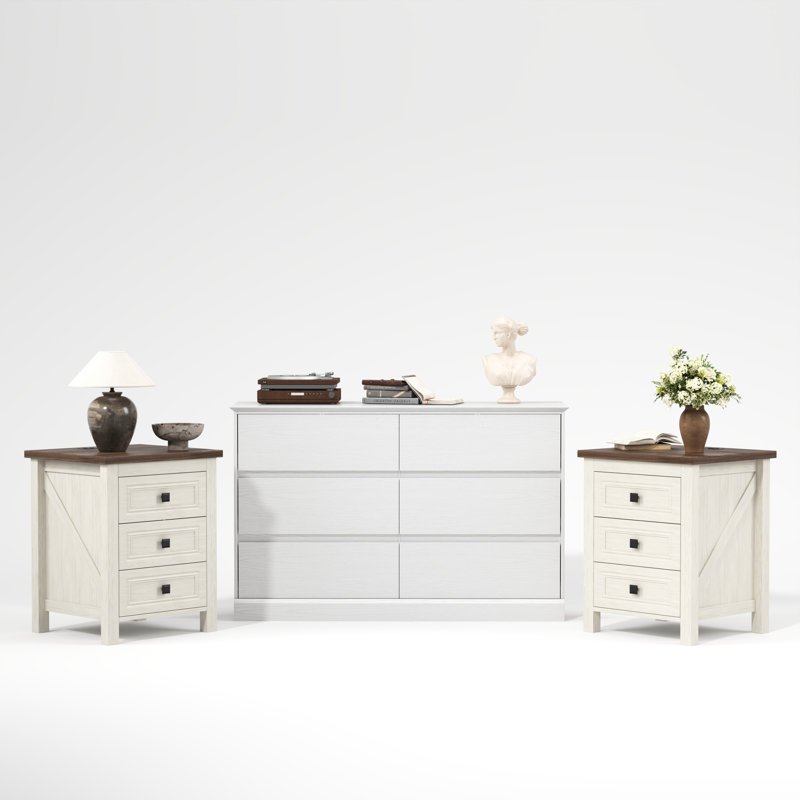 Ensemble de chambre à coucher 3 pièces avec commode à 6 tiroirs de 47,2 po et tables de chevet à 3 tiroirs avec stations de recharge