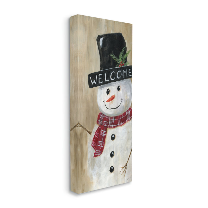 Chapeau de houx «Welcome Greeting Rustic Winter Snowman» par Nan - Peinture, H 40 po x l 17 po x P 1,5 po, Toile tendue