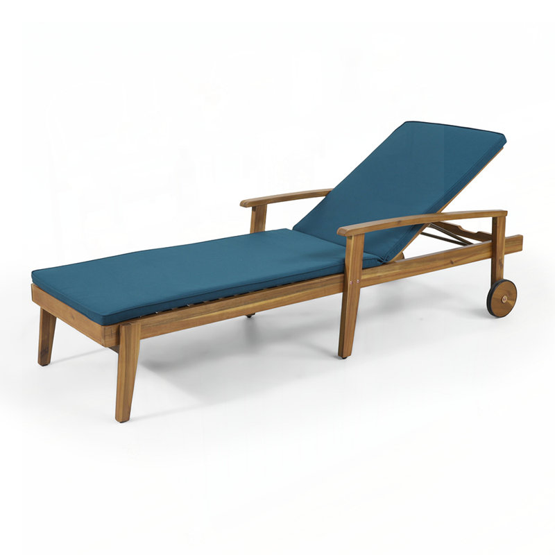 Chaise longue réglable en bois d'acacia avec structure durable et coussins non poreux pour la détente en plein air, Bleu