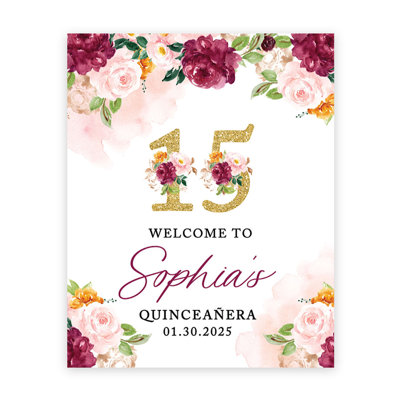 Grand panneau de bienvenue personnalisé Quinceañera, décorations bourgogne et rosé, coing, 16 po x 20 po, paquet de 1
