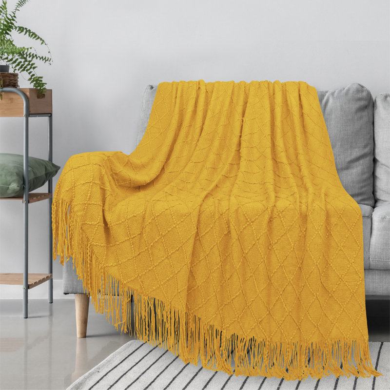 Mustard Yellow Knitted Fleece Reversible Throw Blanket
