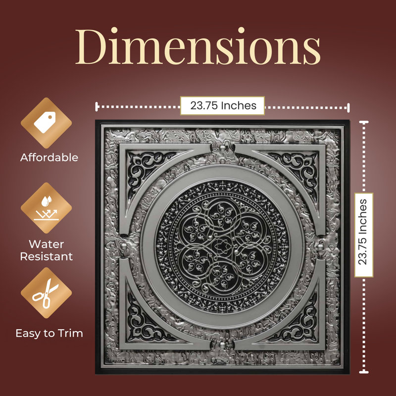 Steampunk Drop-In Or Glue-Up PVC Ceiling Tile, 24" L x 24" W, Antique Silver
