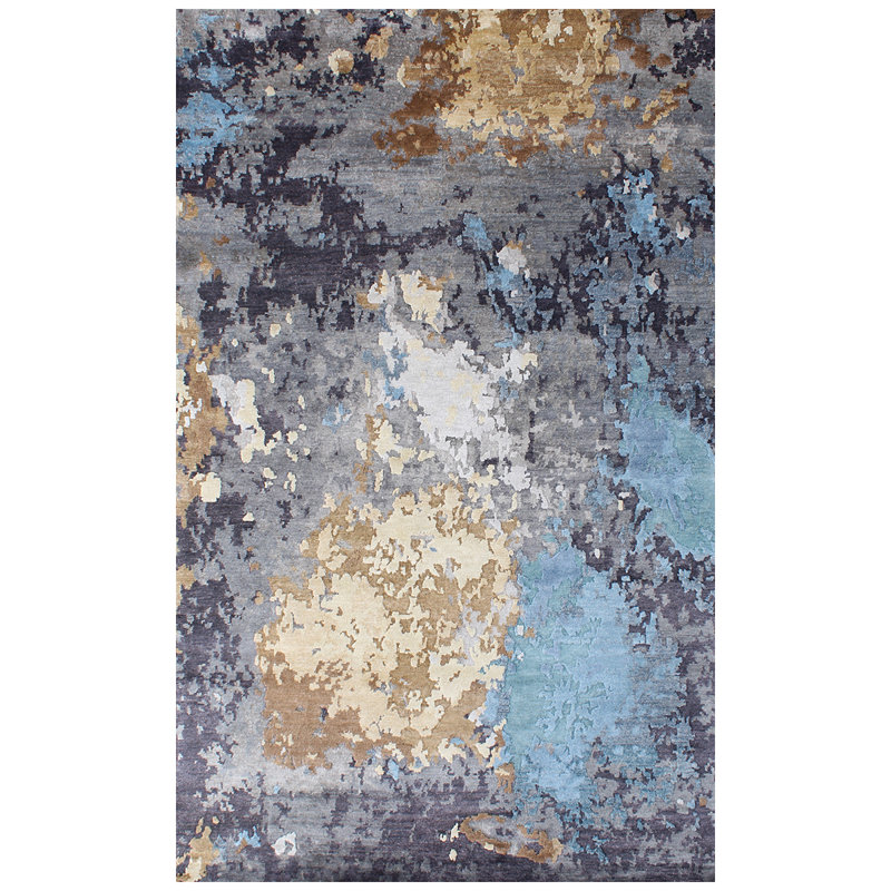 Tapis gris anthracite / bleu / noir noué à la main, Rectangle 6 pi x 9 pi