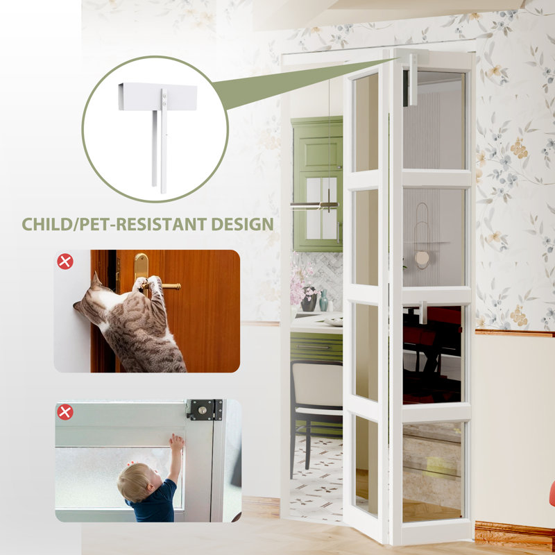 Bi-Fold Doors: 4-Lite Mirrored White Folding Doors, Manufactured Wood, With Lock, Handle & Hardware Kit, 30" x 80"