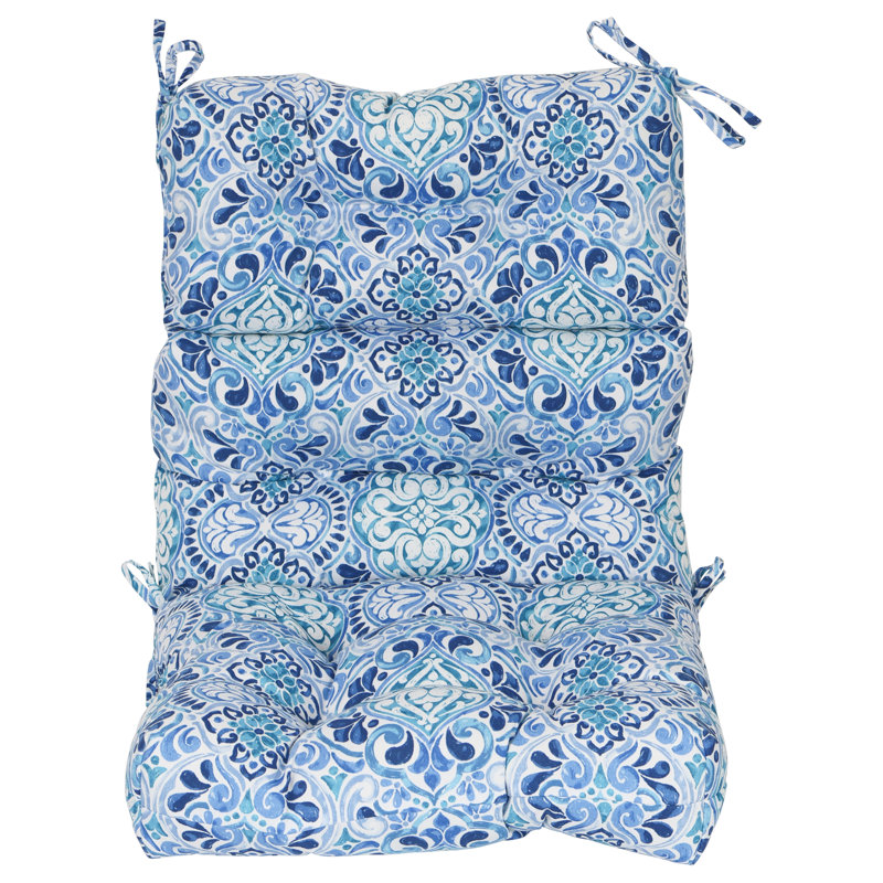 Outdoor Tufted Seat/Back Chair Cushion, 20" W x 20" D, White/Blue/Fiorella Baltic Moroccan