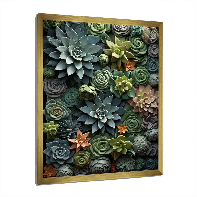 «Jelisia Green Succulents Natures», reproduction sur toile, H 44 po x l 34 po x P 1,5 po, Cadre doré simple