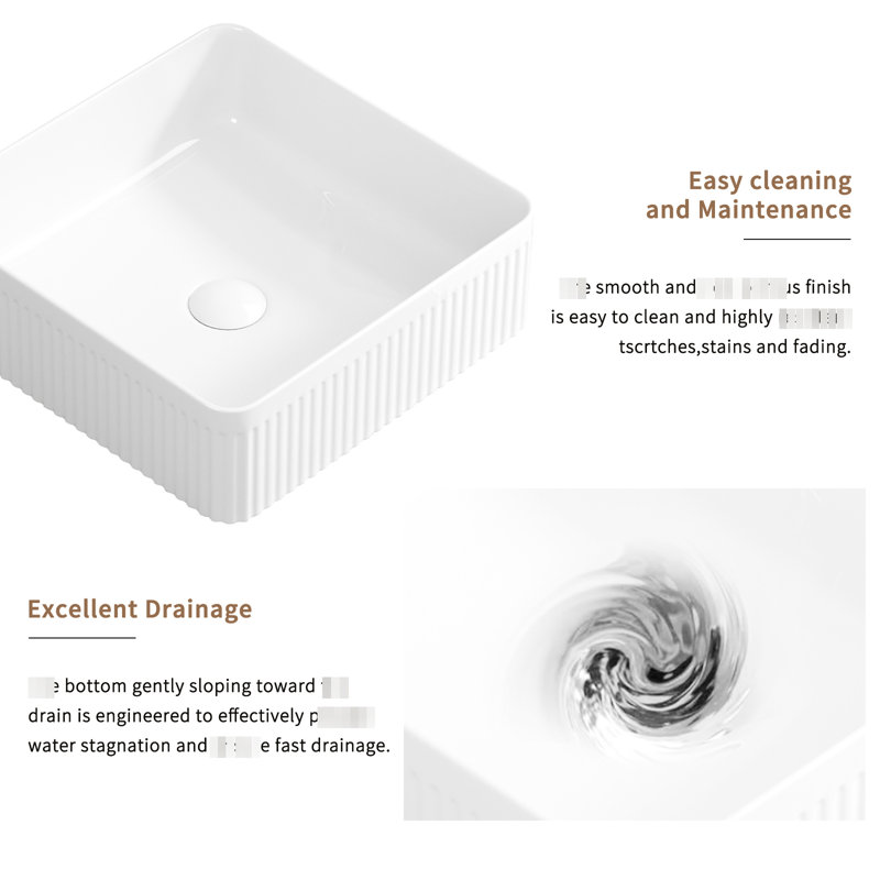 Lavabo vasque rectangulaire, 15 po x 15 po, en céramique de porcelaine blanche, conception rayée, facile à nettoyer et à entretenir, modernisation de la salle de bain esthétique de 15 x 15 po, polyvalente pour différents comptoirs, lisse