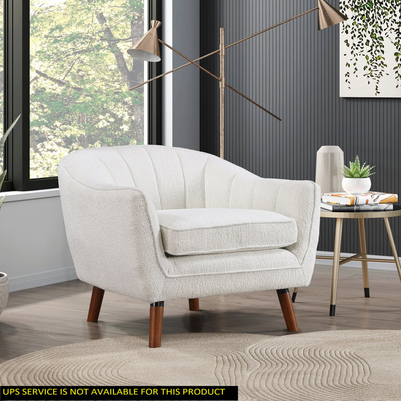 Mid-Century Modern Accent Chair 1Pc Chenille Fabric Upholstered Channel Stitched Back Brown Legs Solid Wood Furniture, White