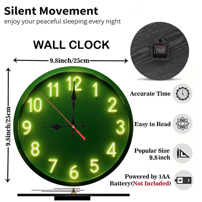 Green Clock With  Neon Style Numbers