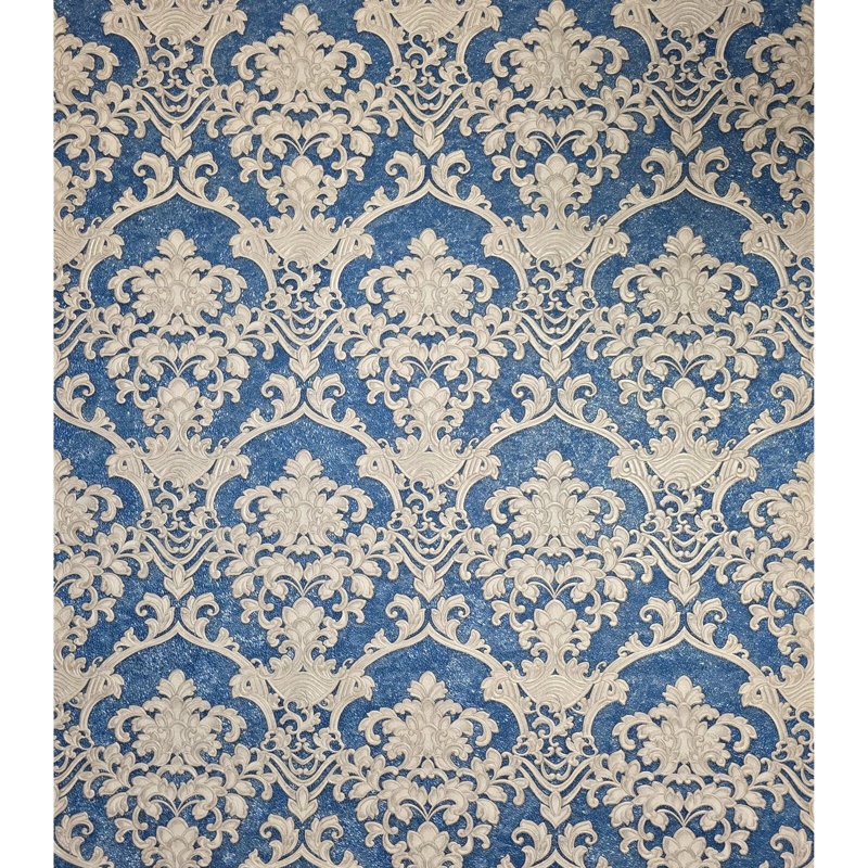 Papier peint damassé baroque bleu marine beige