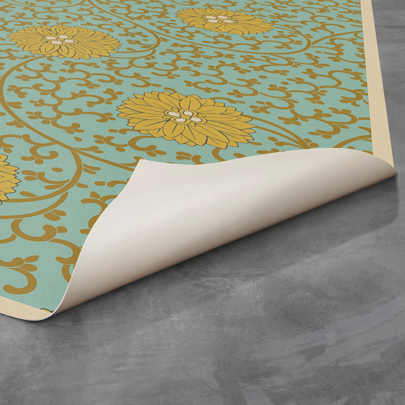 Aldona Vinyl Floral Indoor Rug, Yellow/Teal/Ivory, Runner 2'6" x 8'