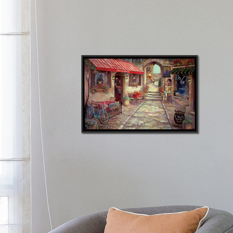 «Bar Du Marche» par Ruane Manning - reproduction sur toile tendue, H 18 po x l 26 po x p 1,5 po, Toile avec cadre noir