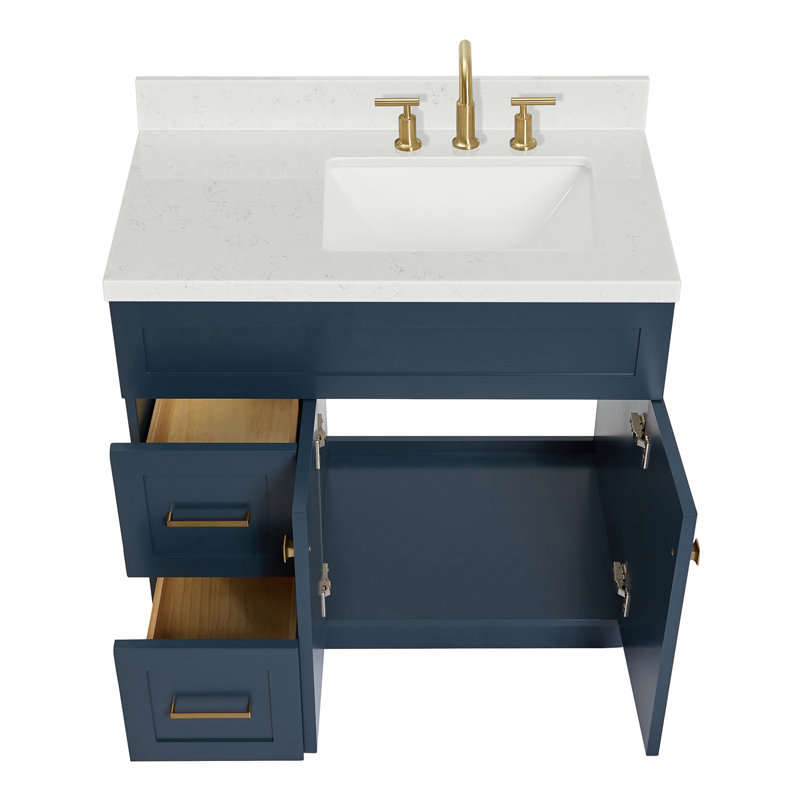 Hamlet 36.25'' Single Bathroom Vanity with Carrara Quartz Top, Midnight Blue
