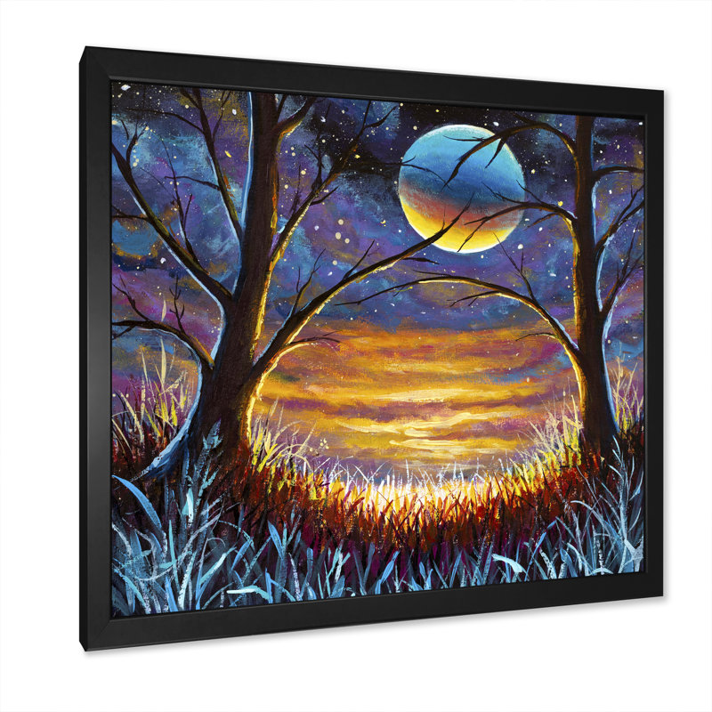 Mystical Full Moon in Fantasy Landscape - Peinture, Toile avec cadre noir, L 16 po x H 16 po