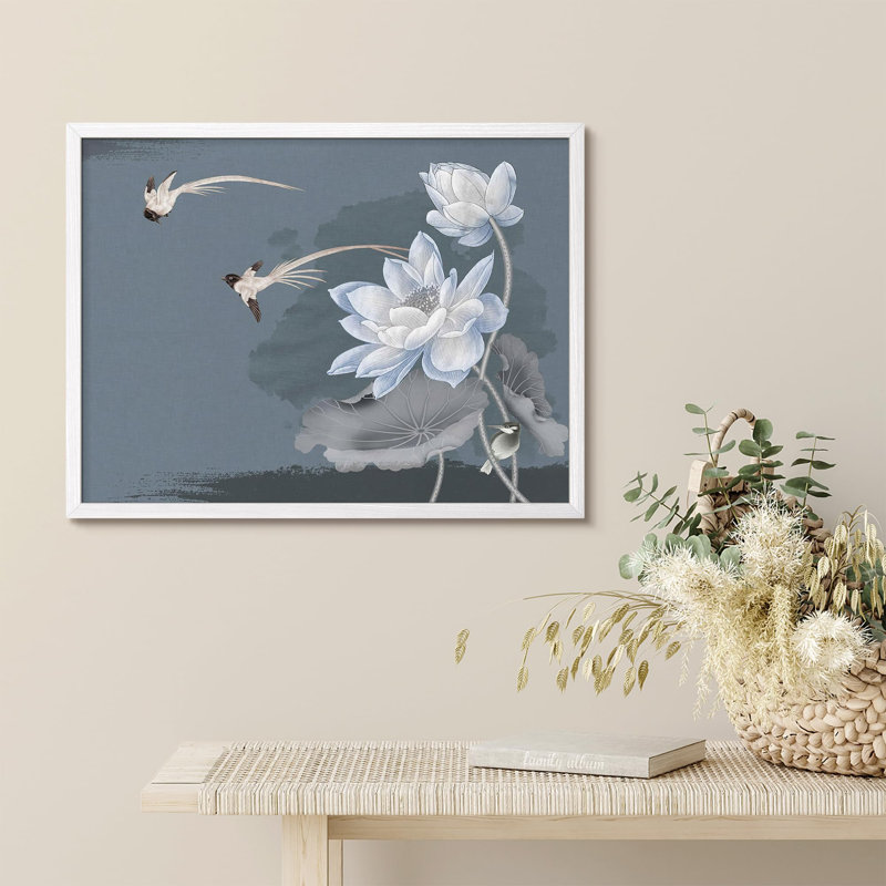 Fleurs de lotus blanches et oiseaux sur fond bleu d'inspiration asiatique, affiche rustique encadrée, H 11 po x l 14 po