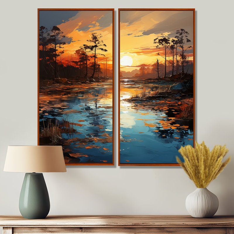 By The Lake Sunrise Reflections 2 - Cottage Lake, reproduction d'art sur toile 2 pièces, H 32 po x l 32 po, Brun