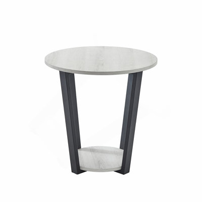 Contemporary Round End Table with Shelf, Off-White
