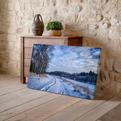 Canvas A Serene Winter Landscape Featuring A Snow Covered Pathway Winding Wall Art Through A Tranquil Forest The Foreground Showcases Canvas Wall Art