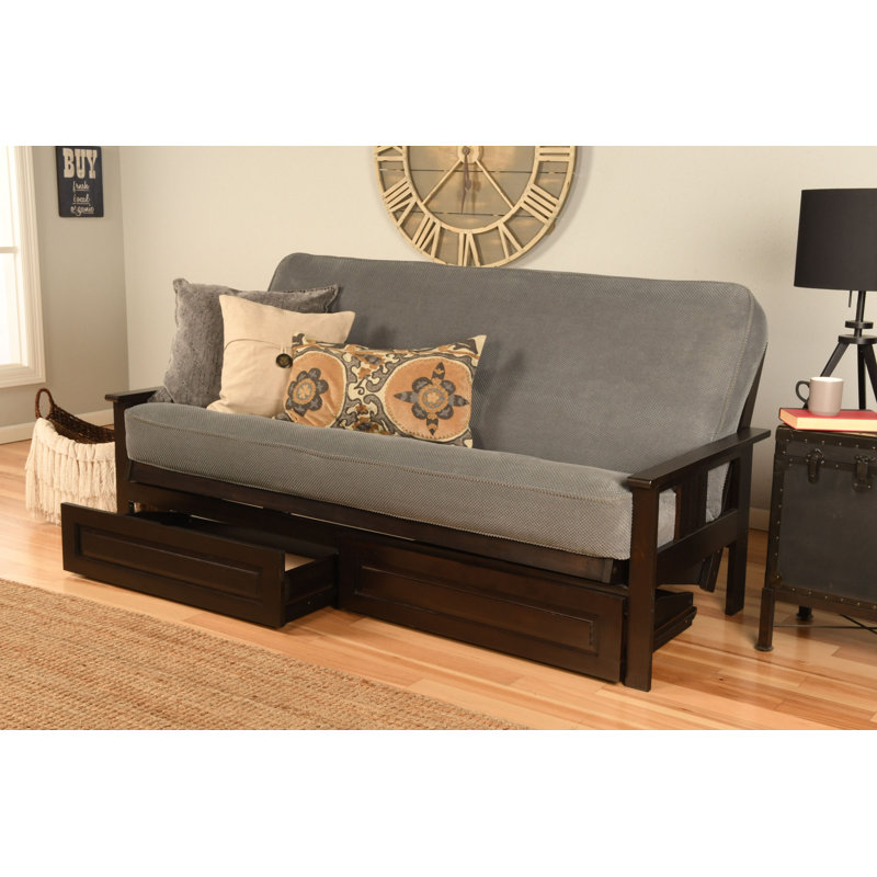 Stratford Full 79" Futon Frame and Mattress with Drawer Set, Espresso, Cocoa Linen