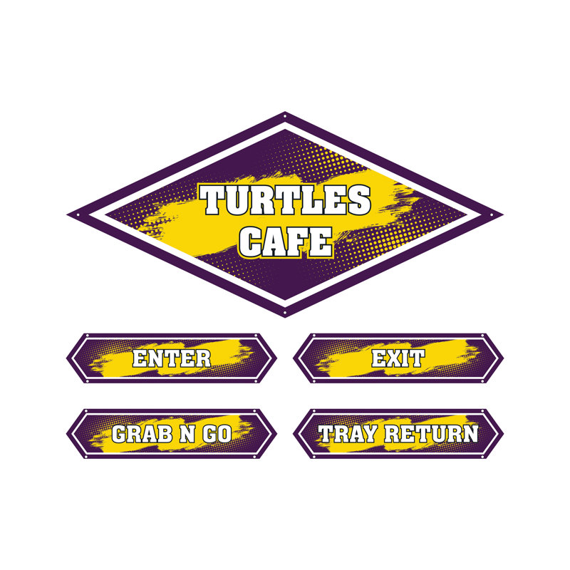 AmTab - Serving-Décor-S02-S-EC - Serving Area Signage (5 pieces) - Style 2 - Turtles
Café Sign: 24"W x 72"L
Enter Sign:  8.5"W x 36"L
Exit Sign:  8.5"W x 36"L
Grab N Go Sign:  8.5"W x 36"L
Tray Return Sign:  8.5"W x 36"L