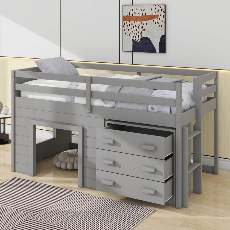 Lit mezzanine simple avec armoire et tablette, Gris
