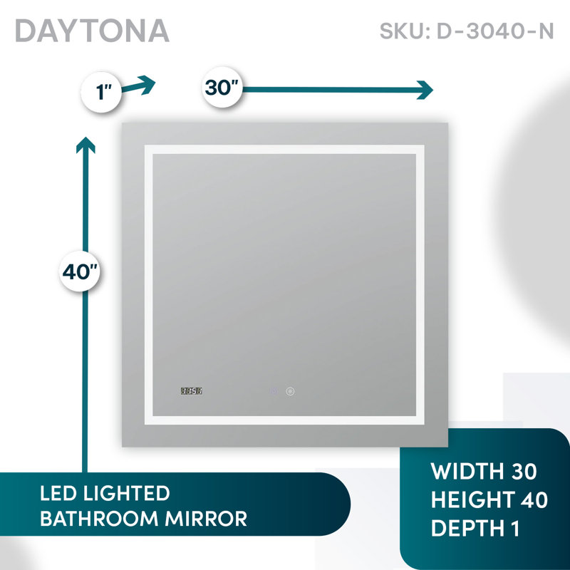 Daytona Elegance 30x40 Silver LED Bathroom Vanity Mirror with Anti-Fog and Dimmable Light