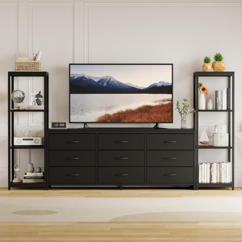 89" TV Stand with 9 Fabric Drawers and 4-Tier Shelves, Modern Entertainment Center for 75" TVs, Black