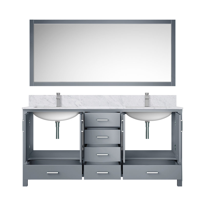 Meuble-lavabo double P 22 po, comptoir en marbre de Carrare, ensemble de robinet et miroir de 58 po, Gris foncé