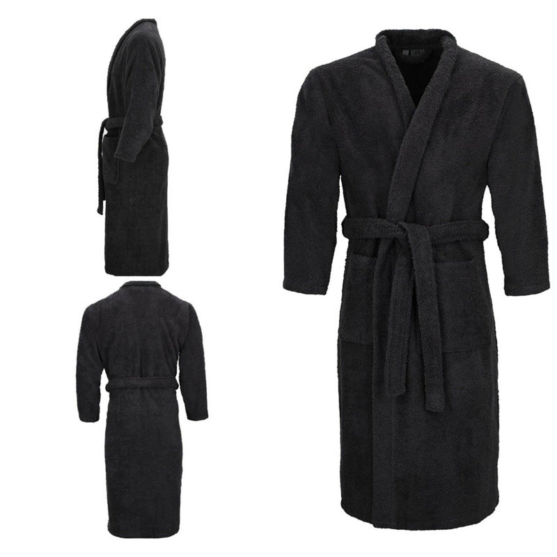 Lorello Terry Cloth Mid-Calf Bathrobe with Pockets, S/M, Black